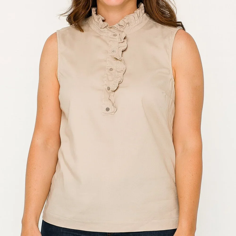 Tory Burch Deneuve Beige Ruffled Sleeveless Blouse Size 8